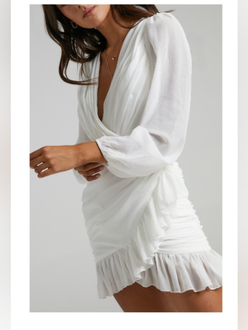 Showpo White Ruched V-Neck Long Sleeve Mini Dress